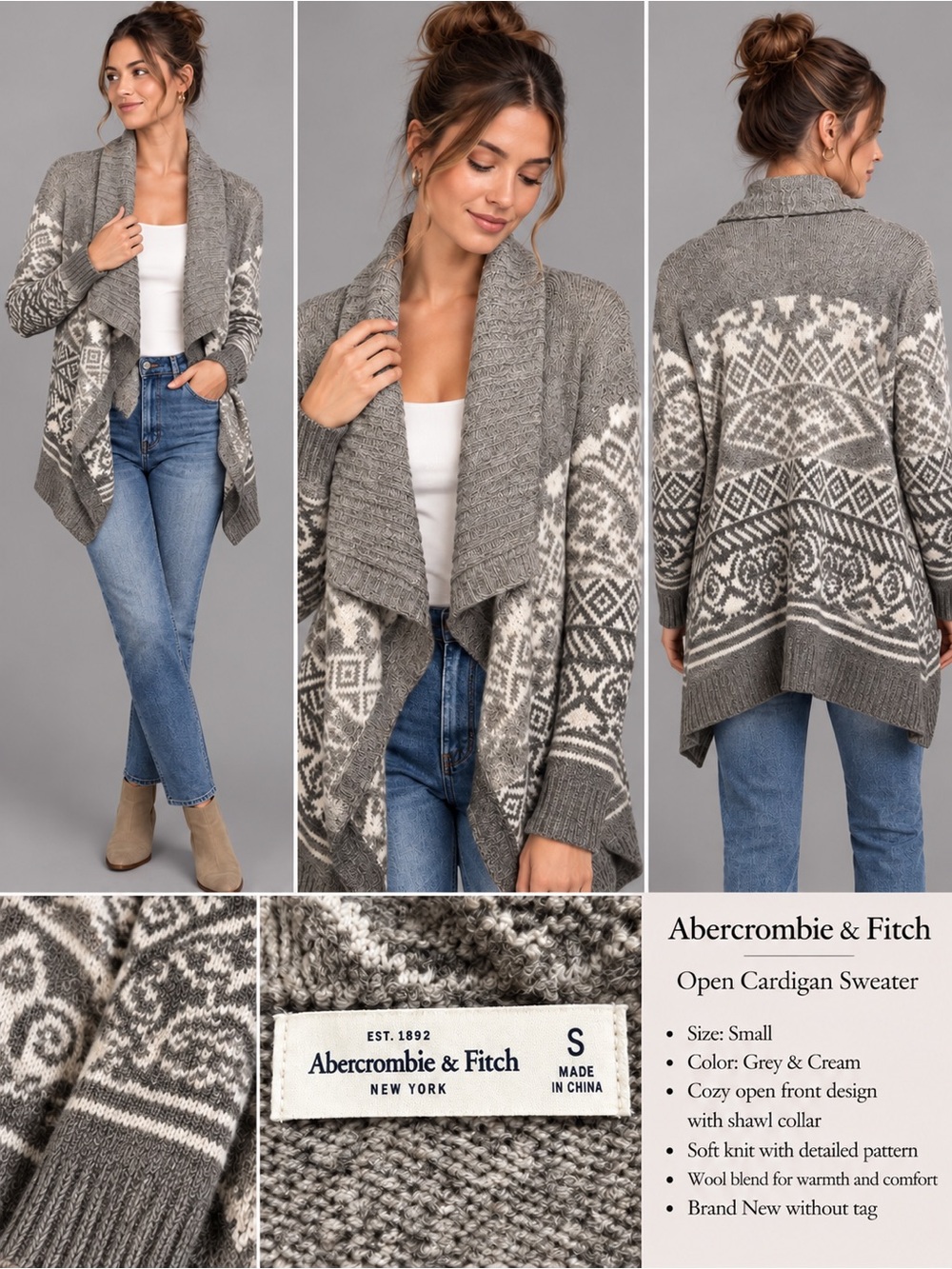 Abercrombie & Fitch Fair Isle Wool Blend Open Cardigan Sweater Gray Cream S